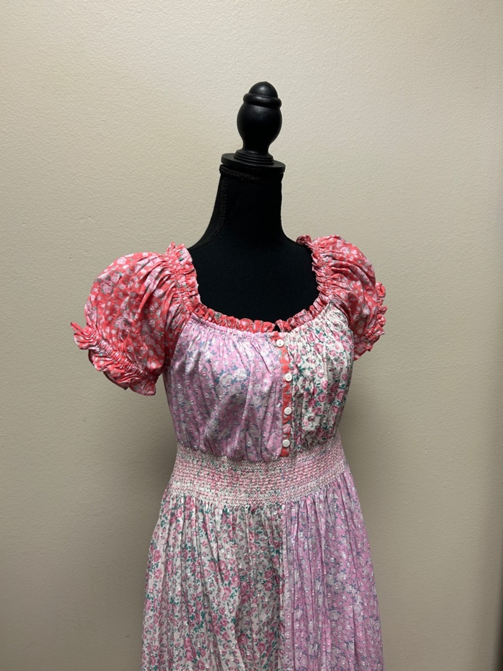 LoveShackFancy Pink Floral Maxi Dress with Coral Puff Sleeves - Picture 4 of 5